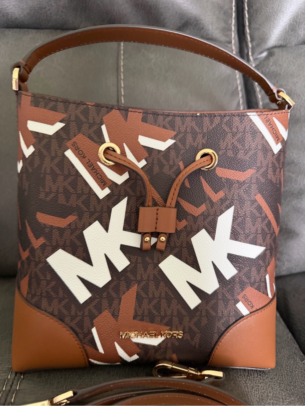 Michael Kors Brown & White MK Logo Drawstring Bucket Shoulder Bag